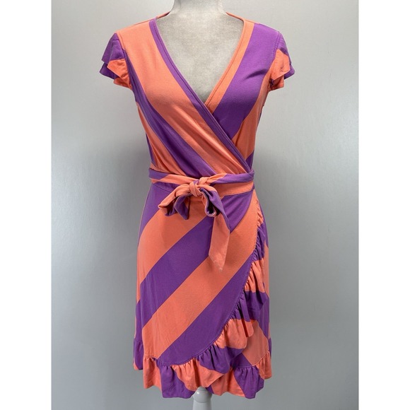 Lilly Pulitzer Dresses & Skirts - Lilly Pulitzer Adriel Striped Wrap Dress Sz Medium Women's Coral Purple Ruffle